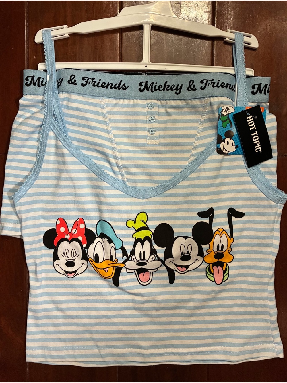 NWT! Disney Blue & White Striped “Mickey & Friends” Tank/Boyshort set. Size M.